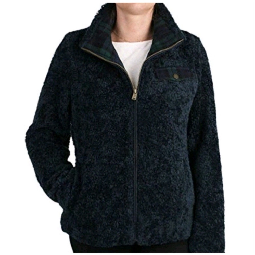 Pendleton Deep Pile Fuzzy Sherpa Full Zip Jacket Teal Navy Plaid Womens Large